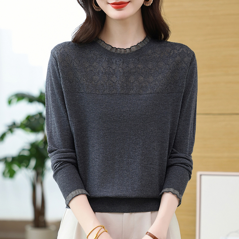 品牌女装高档羊毛衫女薄款秋季2025长袖针织钩花镂空大码宽松上衣