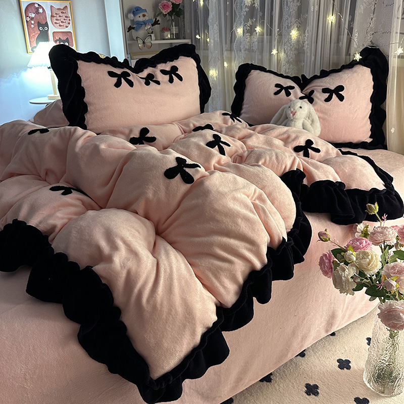 牛奶绒床上四件套冬季珊瑚绒双面加绒法兰绒加厚花边被套三件套
