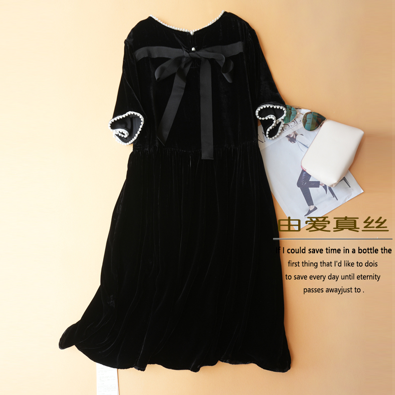 高级感名媛气质真丝丝绒连衣裙女春秋季新品小黑裙蝴蝶结中长裙女