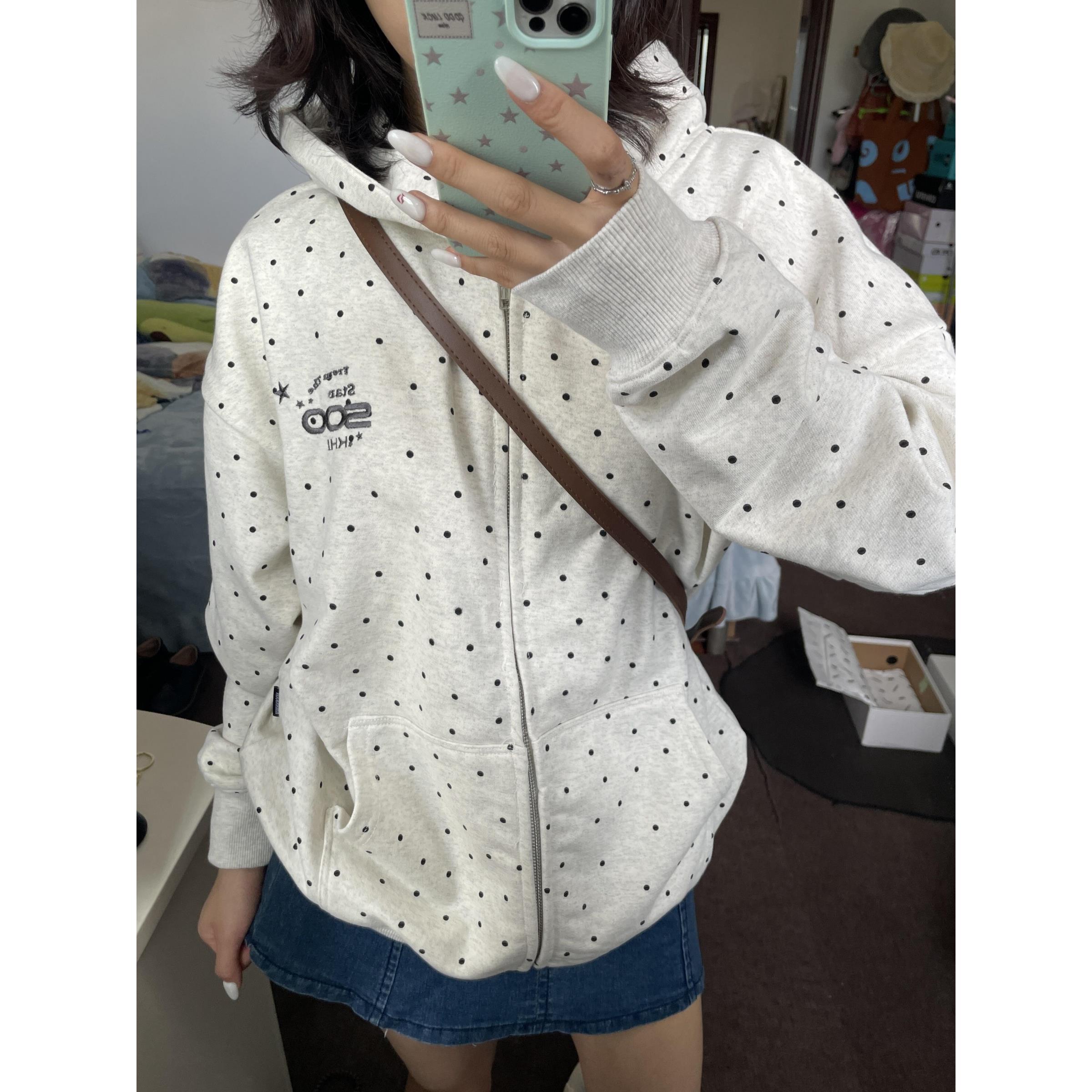 字母刺绣波点印花灰色连帽卫衣女春秋寄薄款宽松百搭拉炼开衫外套