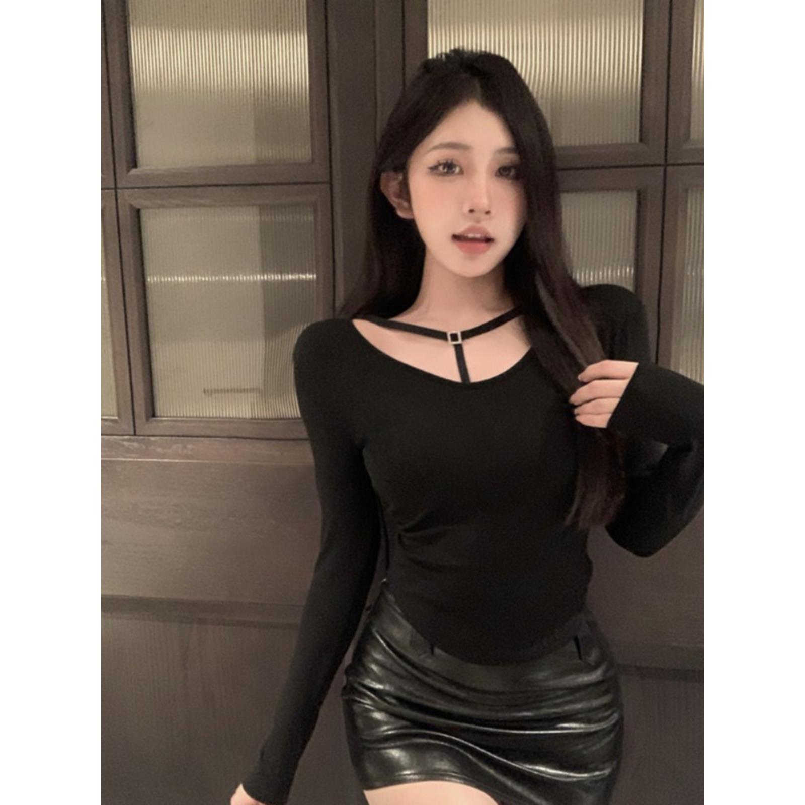 韩版小众别致新款秋冬修身网红内搭纯欲辣妹T恤小个子长袖上衣女