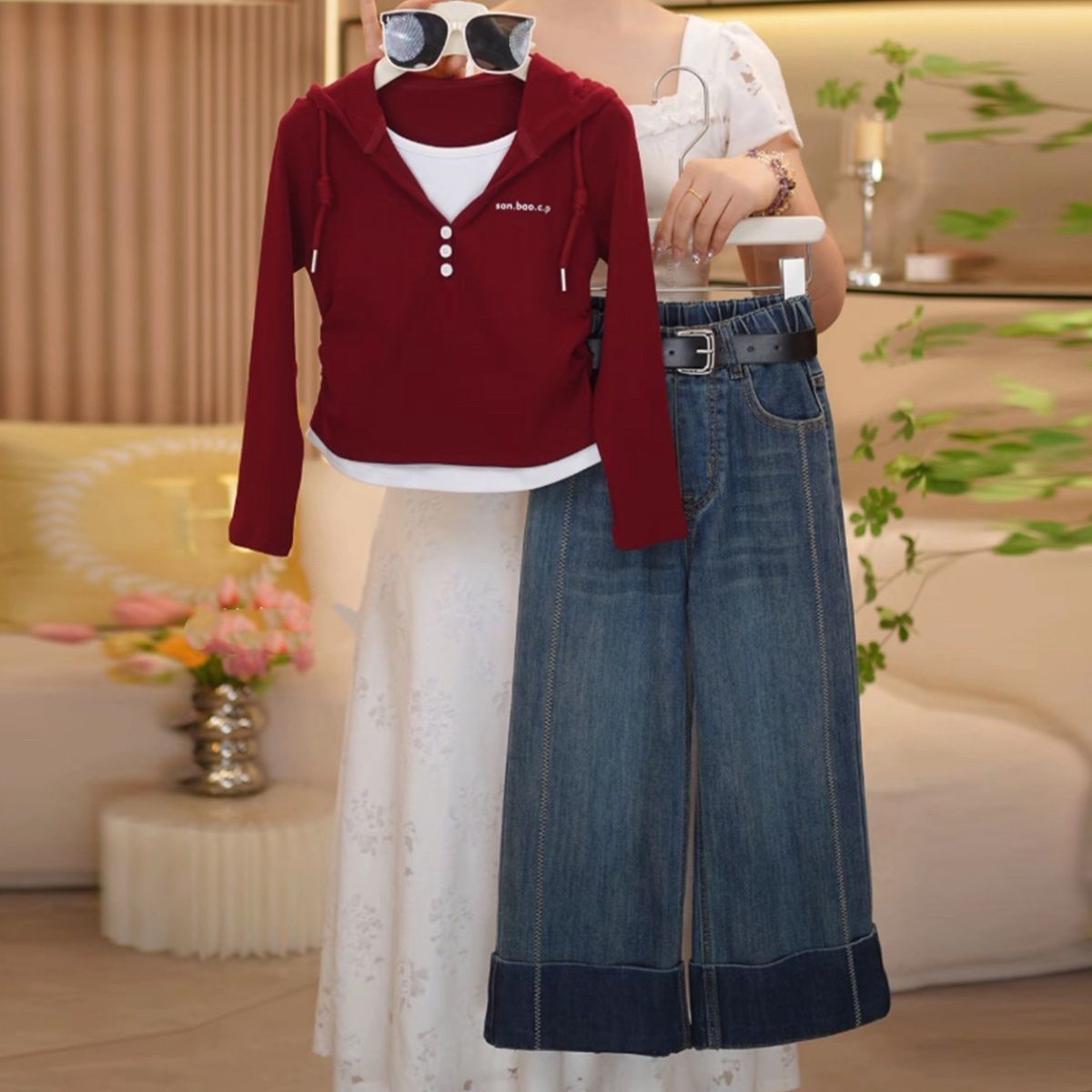 女童套装春秋季2025新款女孩大童两件套针织连帽打底衫窄版牛仔裤