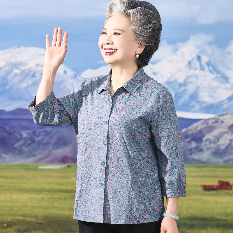 奶奶夏季纯棉衬衫上衣中老年人妈妈春夏宽松全棉衬衣太太休闲衣服