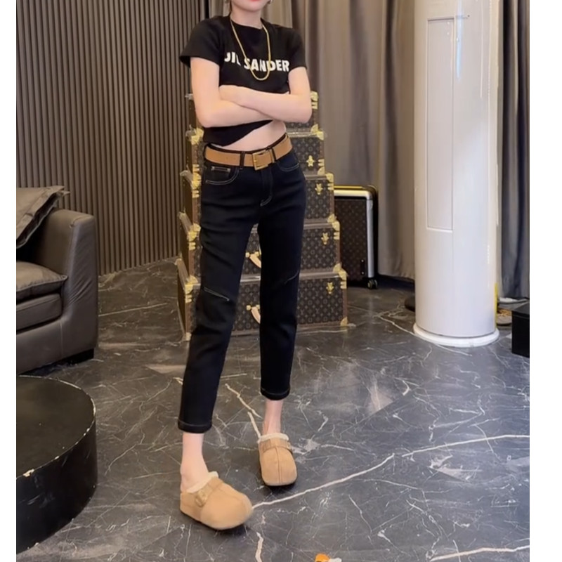 秋冬新款加绒加厚黑色直筒牛仔裤微胖时尚高腰修身显瘦九分烟管裤