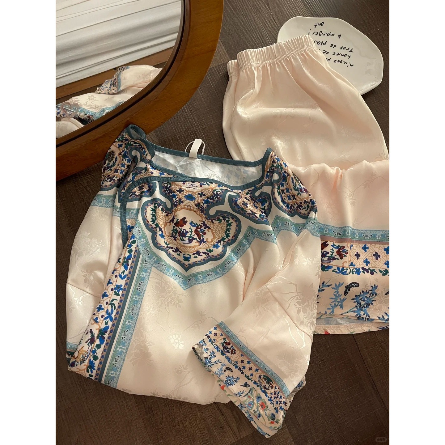 国风新中式复古銮金汉服睡衣女夏季古风短袖长裤套装大码家居服