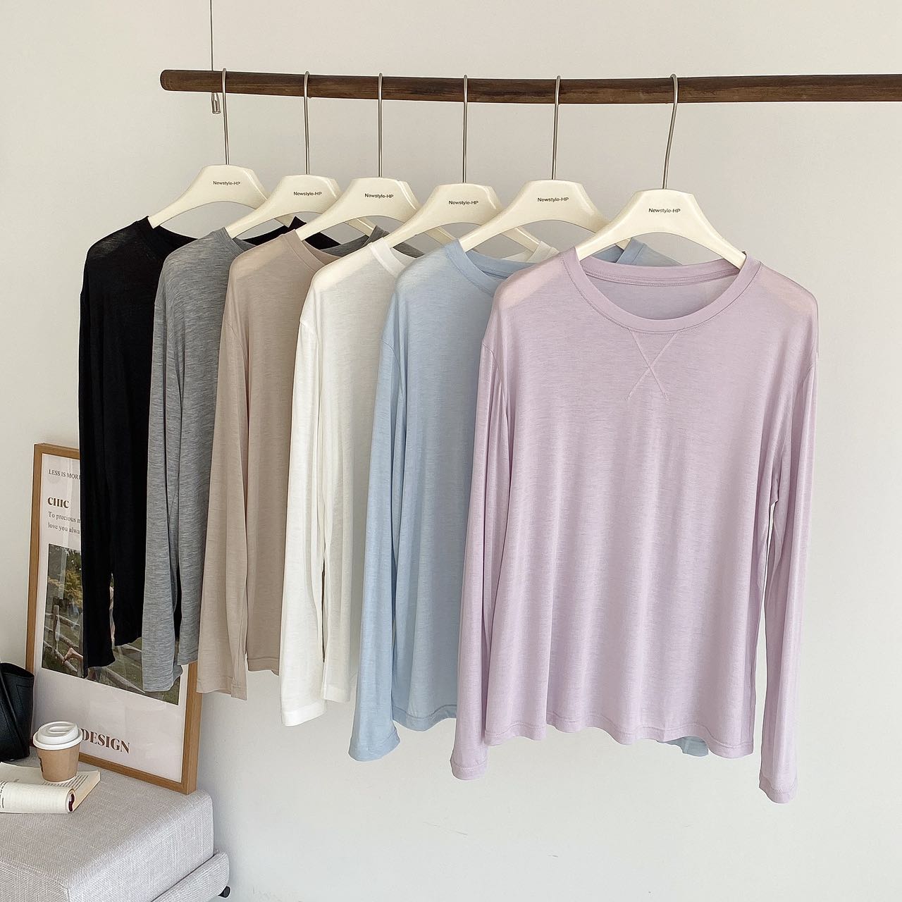 天丝绵羊毛长袖打底衫春夏宽松内搭圆领面膜T恤纯色罩衫