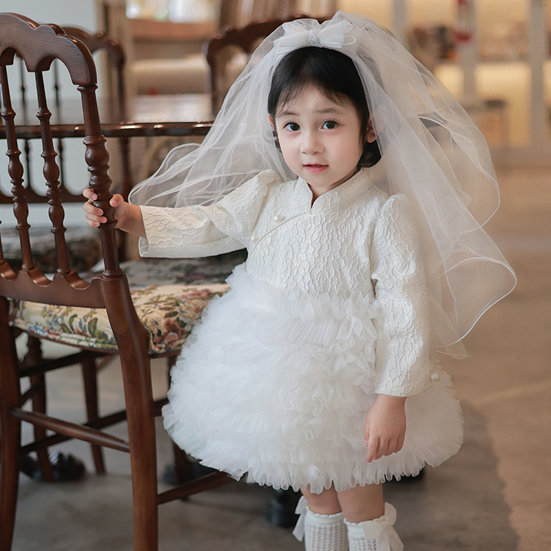 女童公主裙2025新款春秋白色儿童生日抓周宴蓬蓬裙周岁女宝连衣裙