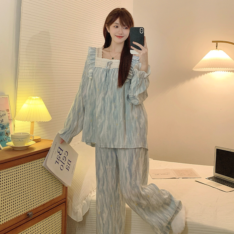 炸姐大码睡衣女秋季2025新款晕染蓝甜美休闲宽松可外穿家居服套装