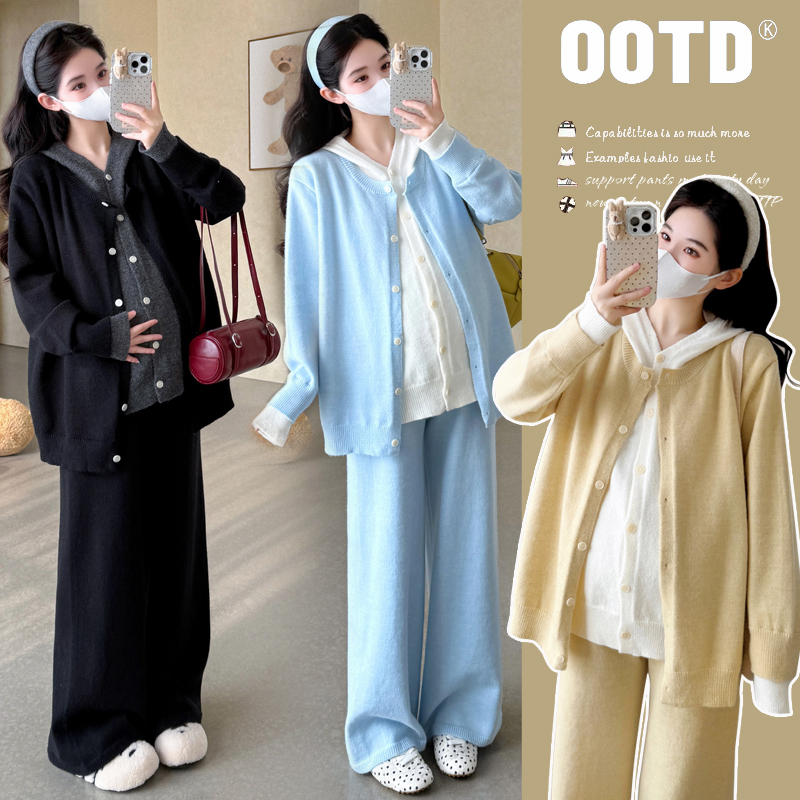 2025新款孕妇装秋季套装时尚假两件针织连帽孕妇毛衣外穿孕妇裤秋