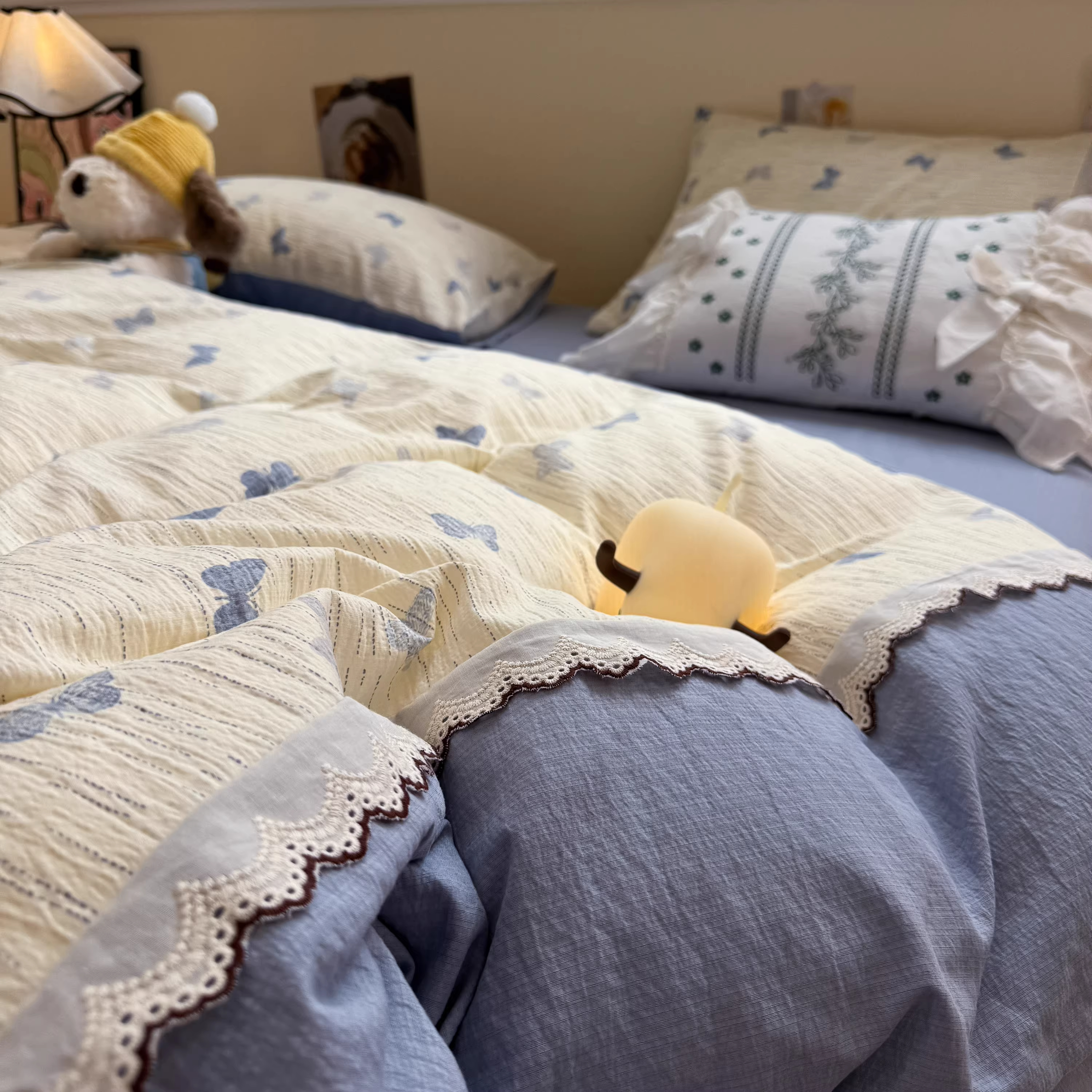 纯棉全棉花边款双层纱四件套四季款被套床单人被罩床笠床上三件套