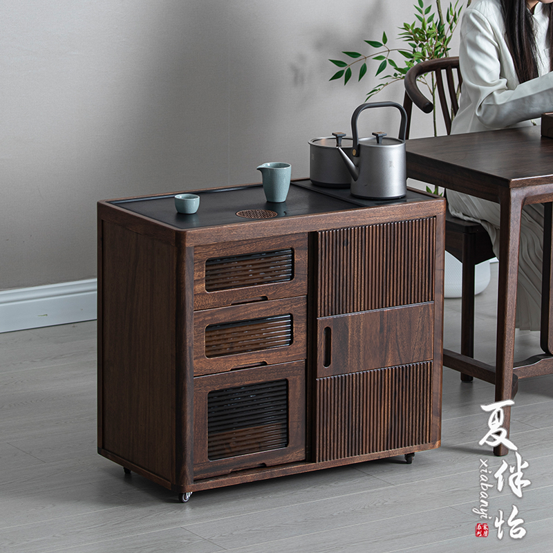 胡桃木茶水柜家用可移动茶台茶边柜茶水柜带轮烧水壶一体茶桌边柜