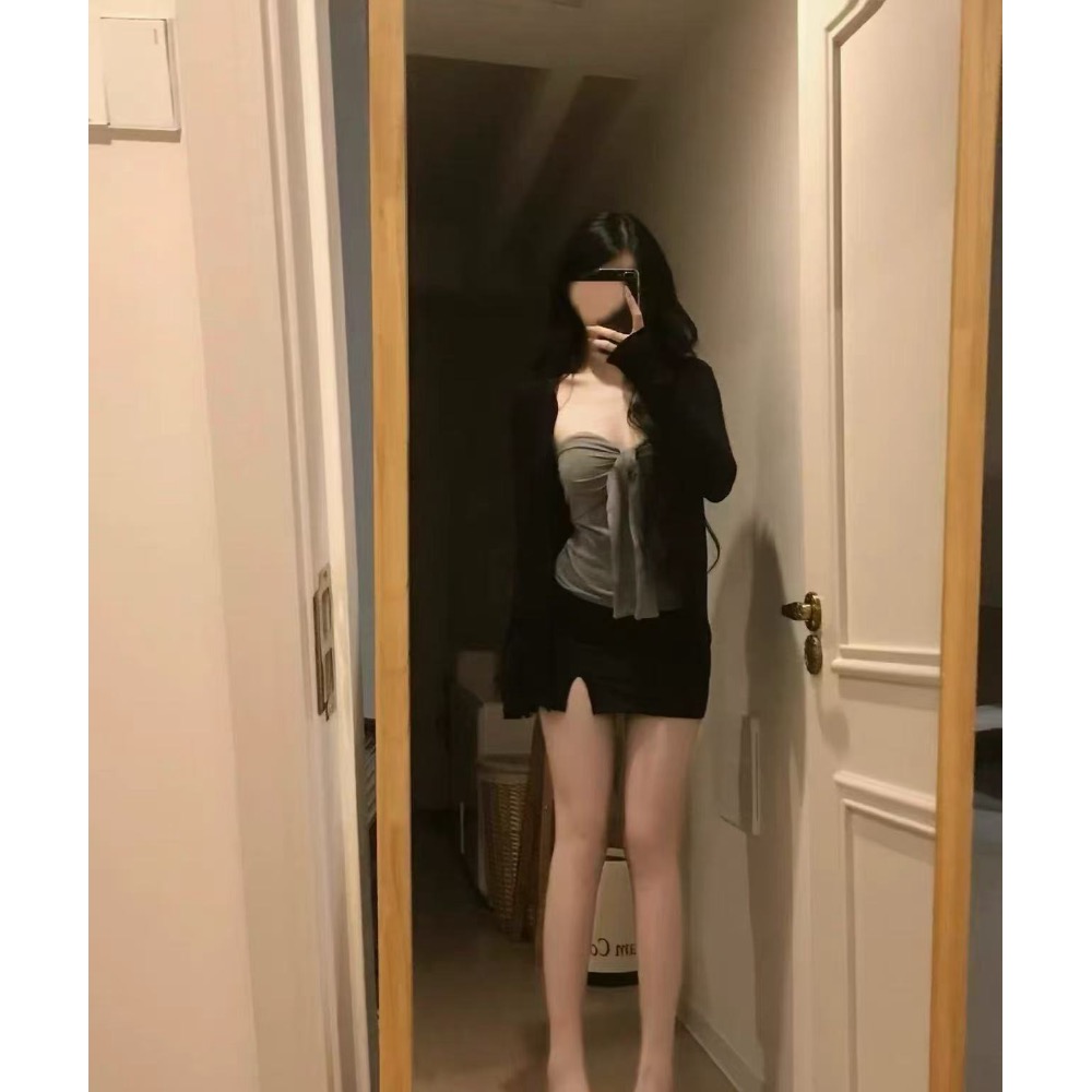 夏季韩系纯欲性感深灰色抹胸吊带开衫+百搭开衩包臀裙三件套装