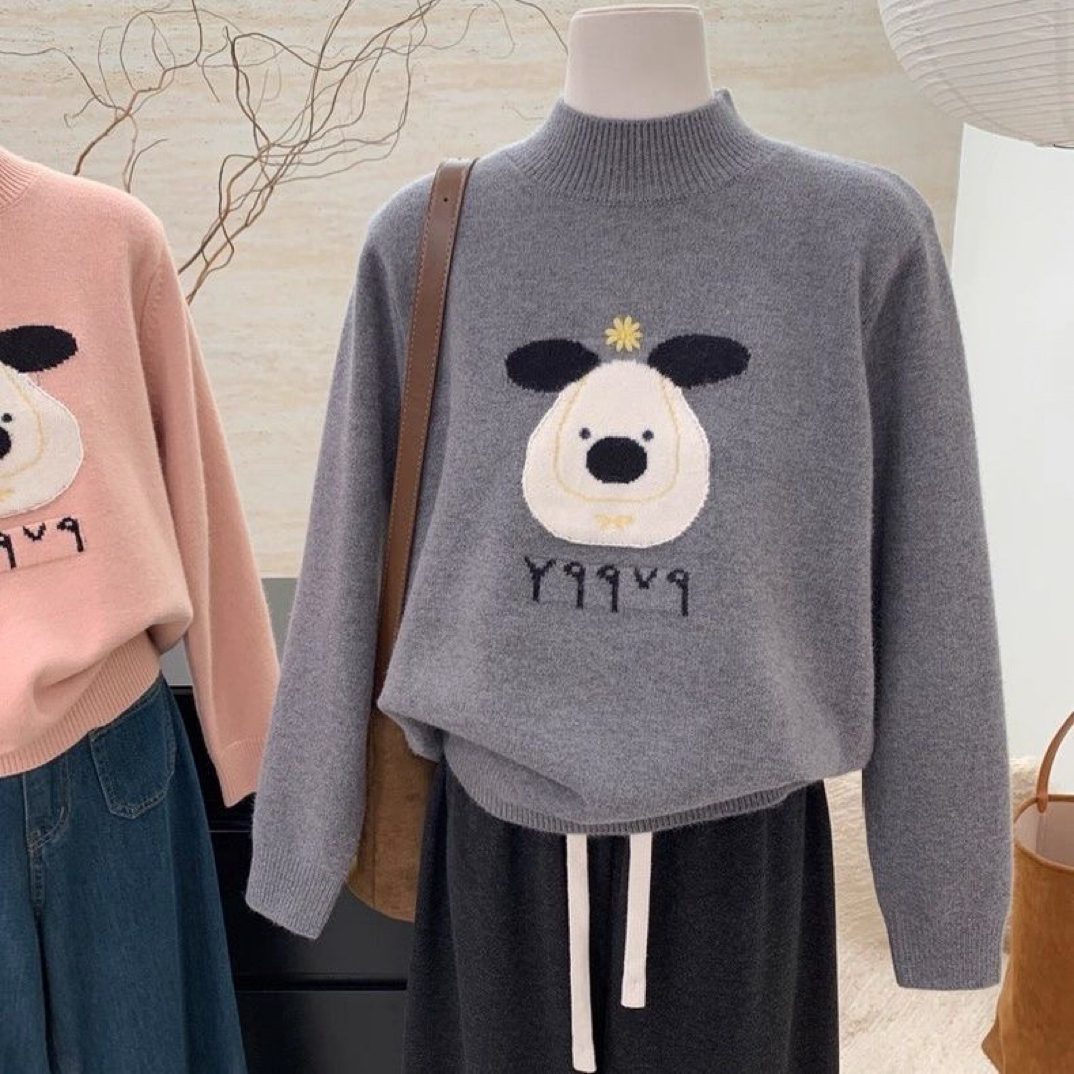 【80-180斤】半高领卡通提花针织衫毛衣女秋冬小众松弛感显瘦上衣女