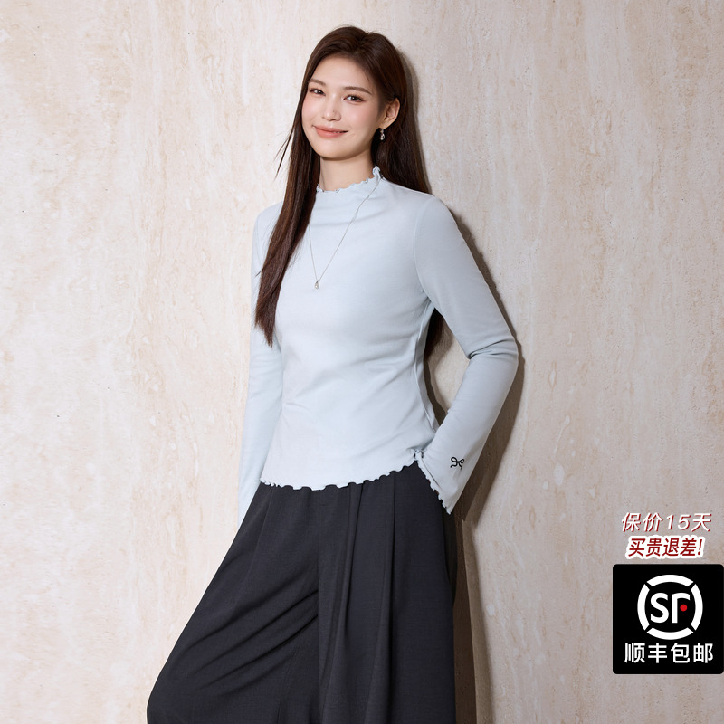 蓝语大码女装设计感木耳边长袖针织衫2025秋冬新款修身收腰打底衫