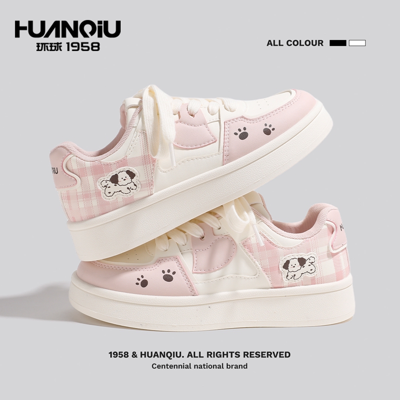 环球爆款潮牌厚底增高休闲鞋小狗刺绣格纹板鞋时尚百搭萌趣女鞋