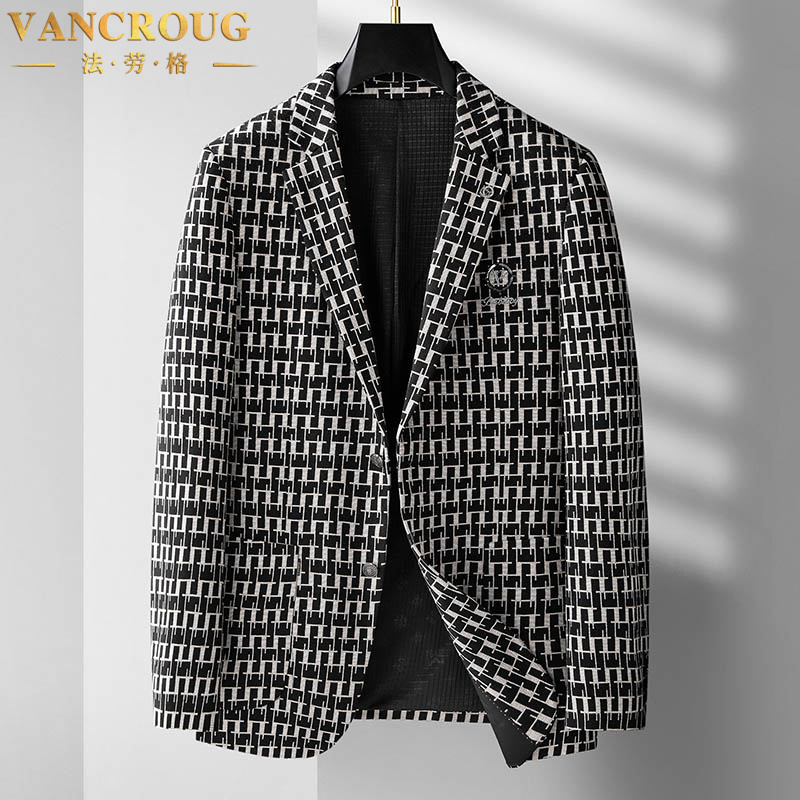 VANCROUG/法劳格西服男士秋冬高端加肥加大宽松格子免烫西装外套