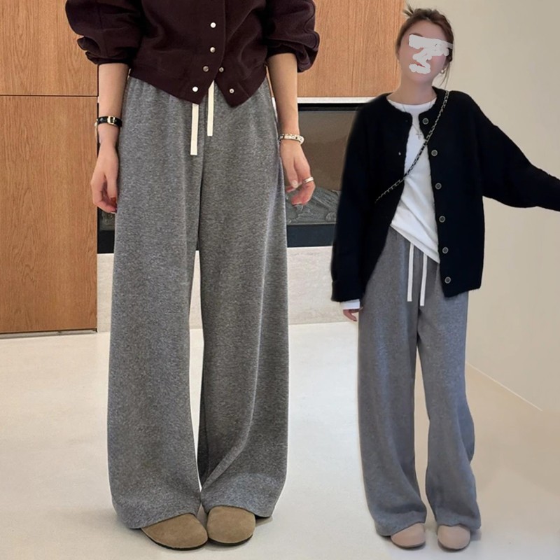 韩系慵懒风软糯加绒云感裤女秋冬宽松加厚直筒阔腿裤子抽绳糯米裤