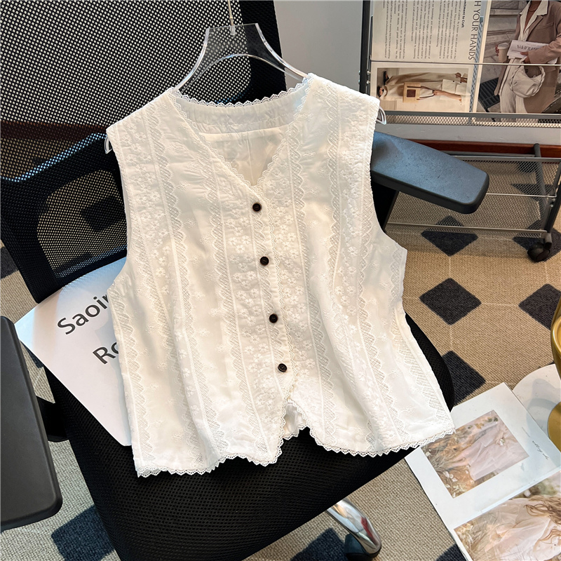 2025夏秋韩版蕾丝镂空花边气质马甲外套设计感V领背心显瘦上衣女