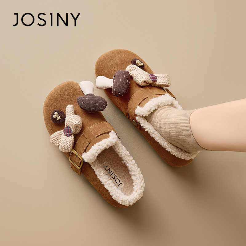卓诗尼蝴蝶结可爱风毛毛鞋女2025冬加厚绒保暖博肯棉鞋592A24677