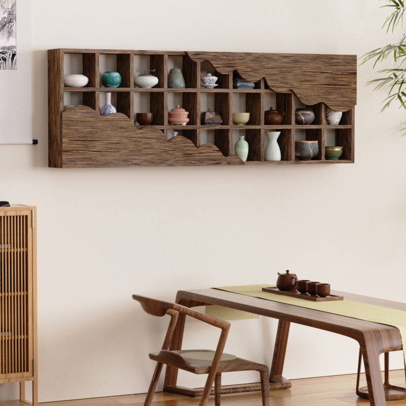收尚格子架置物架展示架上墙实木挂墙博古架中式多宝阁架子茶壶