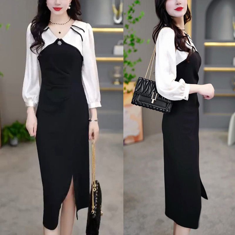 2025春秋季新款收腰显瘦拼接设计感假两件连衣裙女时尚减龄开衩裙