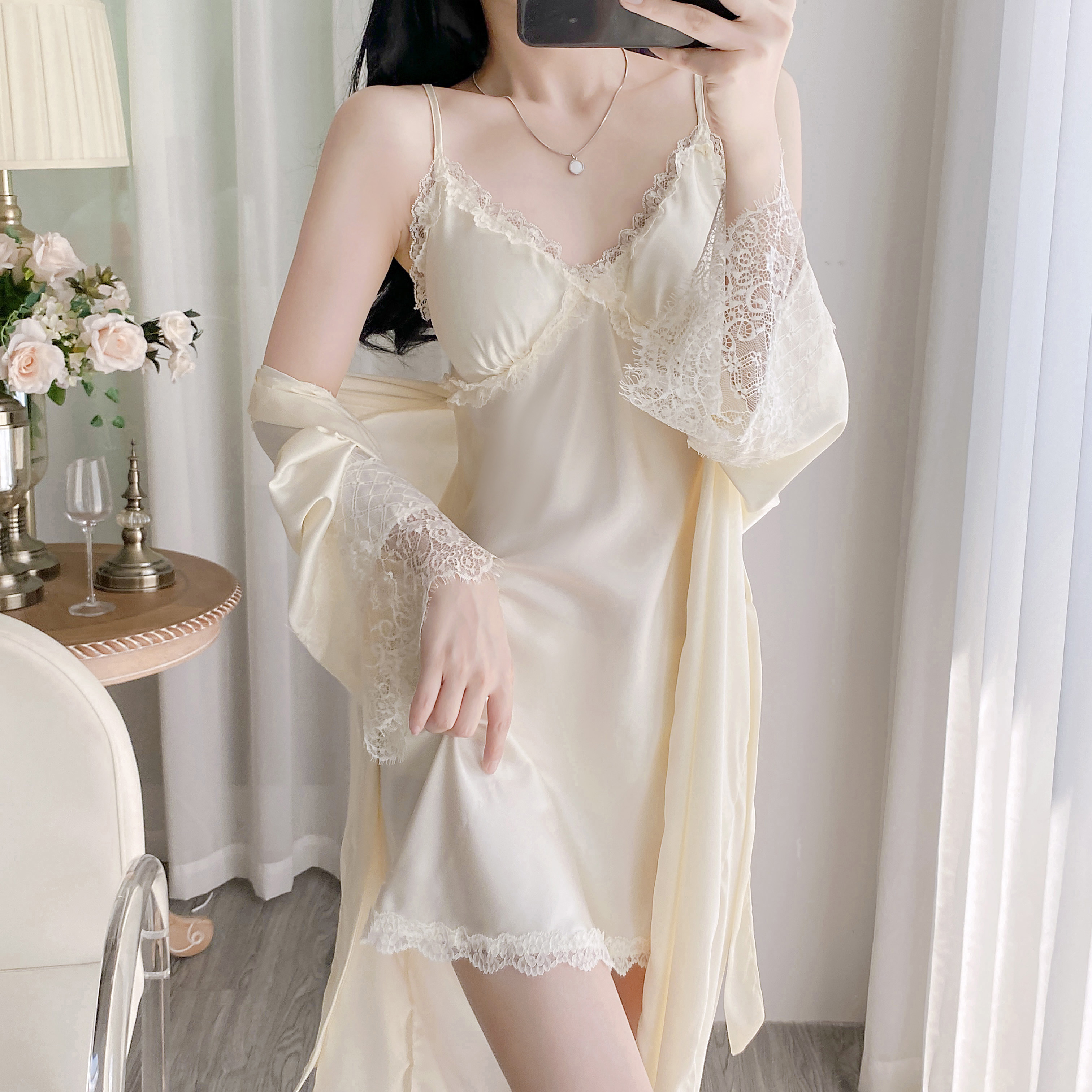 【一见倾心】夏季薄款带胸垫显瘦气质性感纯欲美背法式时尚小众睡衣