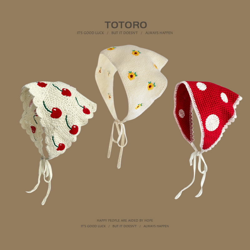 法式樱桃三角巾女春秋出游亲子款针织钩花镂空文艺头巾发带包头帽