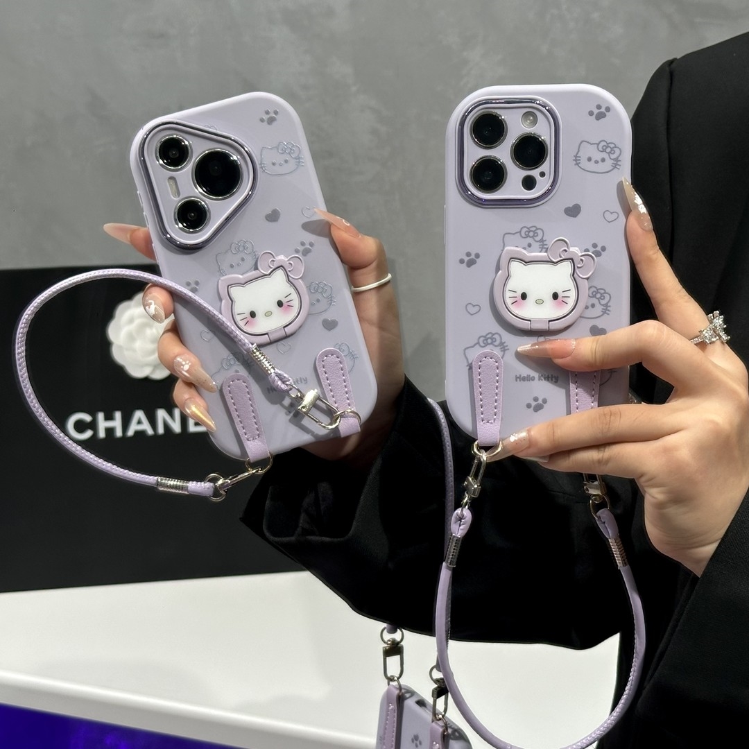 适用香芋紫凯蒂猫支架挂绳苹果17精孔胖子手机壳华为vivo小米oppo