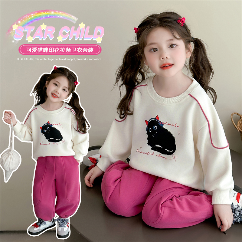 女童套装2025新款儿童卫衣卡通春秋款女宝宝秋季运动服两件套童装
