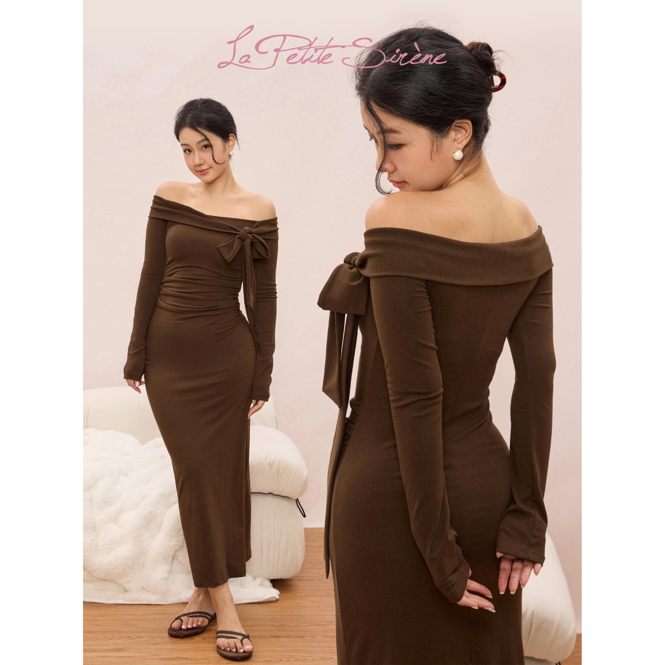 LPS｜【巧克力布朗尼】咖色一字肩修身显瘦长袖连衣裙L36802JM53