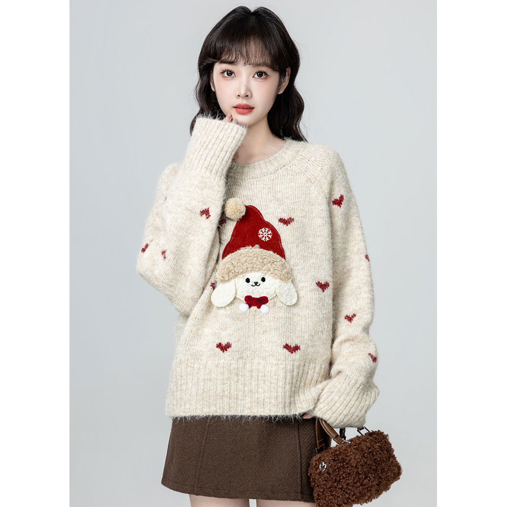 燕麦色圣诞节卡通小狗圆领毛衣女秋冬加厚慵懒高级感内搭针织上衣