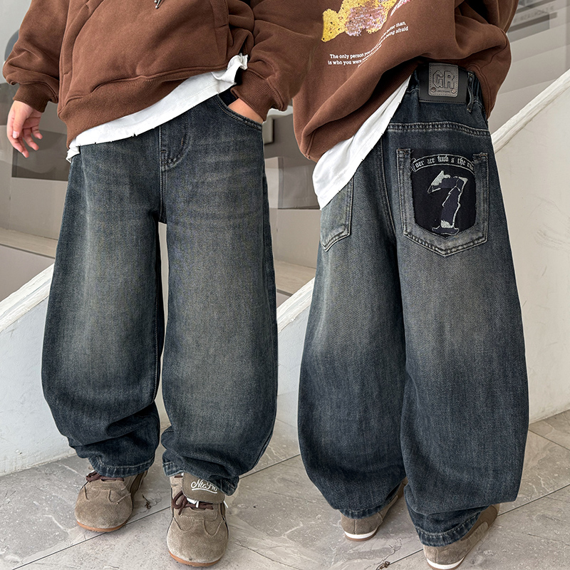 男童裤子2025春秋款痞帅潮酷宽松直筒牛仔裤中大童炸街百搭阔腿裤