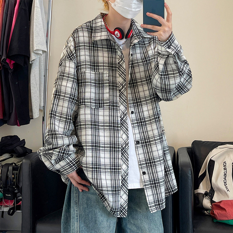 韩版潮流复古格子大码翻领长袖衬衫内搭外套秋季ins港风宽松百搭