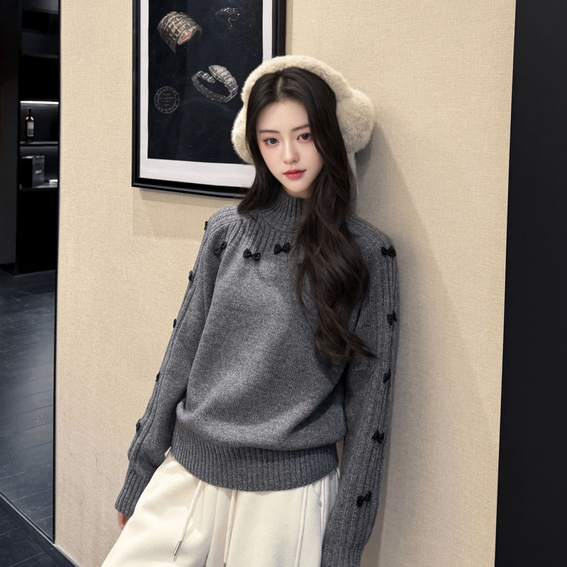 秋冬新款休闲百搭半高领蝴蝶结毛衣女宽松慵懒风长袖针织衫高级感