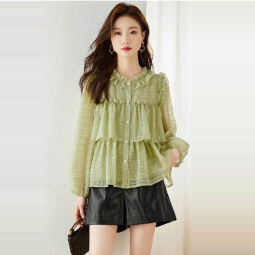 2025秋季新款长袖娃娃衫雪纺衫女上衣打底衫洋气修身显瘦百搭立领