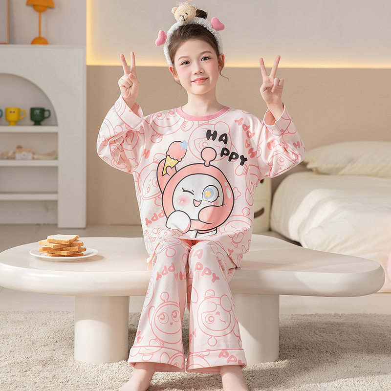 早秋新款中大童薄款纯棉长袖睡衣女童洋气公主圆领套头亲子家居服