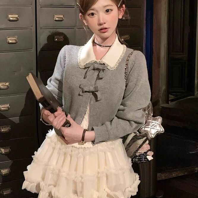 月光玛德琳 春夏甜美套装女小众蝴蝶结针织衫白色上衣短裙三件套