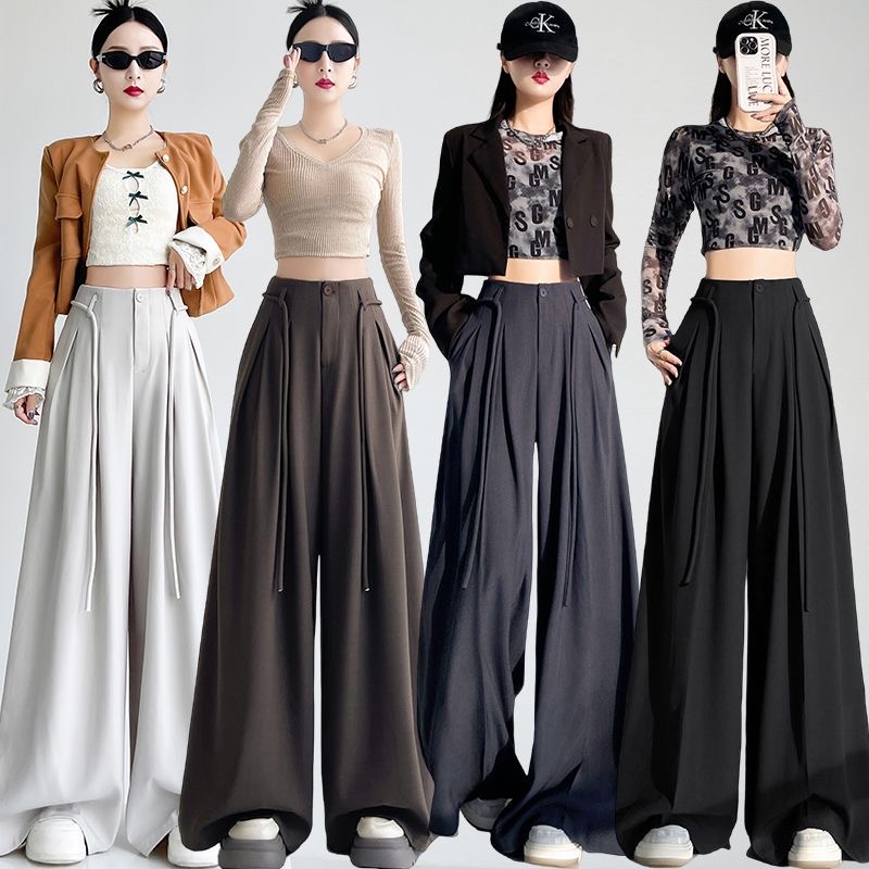 （原版正品)秋冬款韩版抽绳褶皱阔腿裤小众设计感高腰垂感显瘦长裤