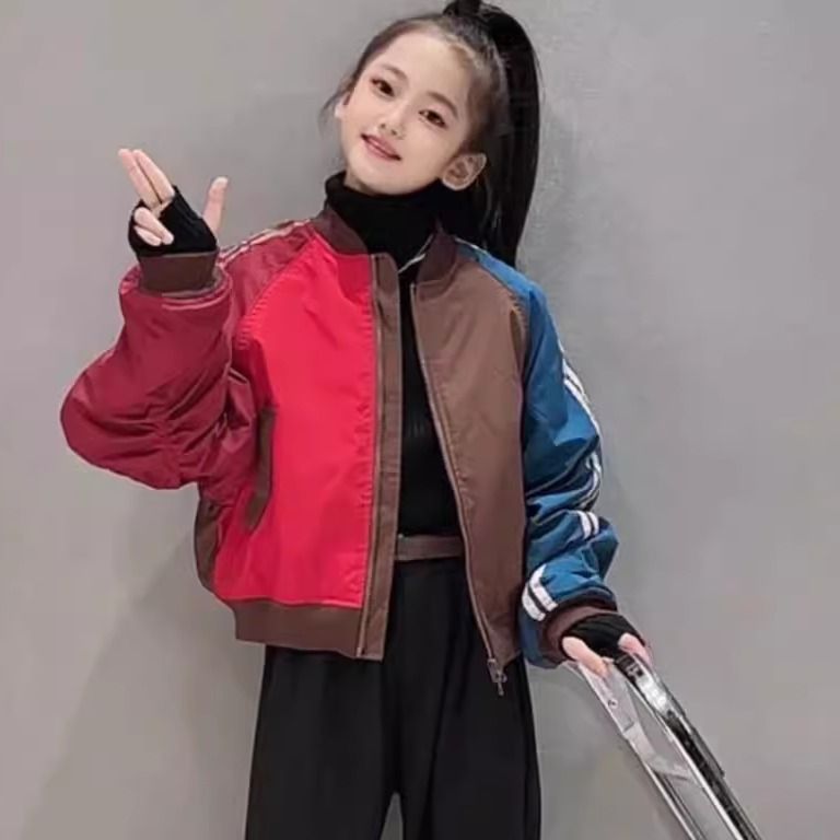 女童撞色夹克衫春秋外套2025新款韩版儿童时髦短外套休闲上衣休闲