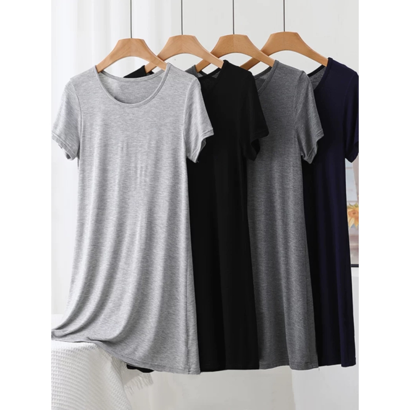 莫代尔短袖裙2025夏圆领中长款打底裙宽松遮肚显瘦连衣裙百搭长裙