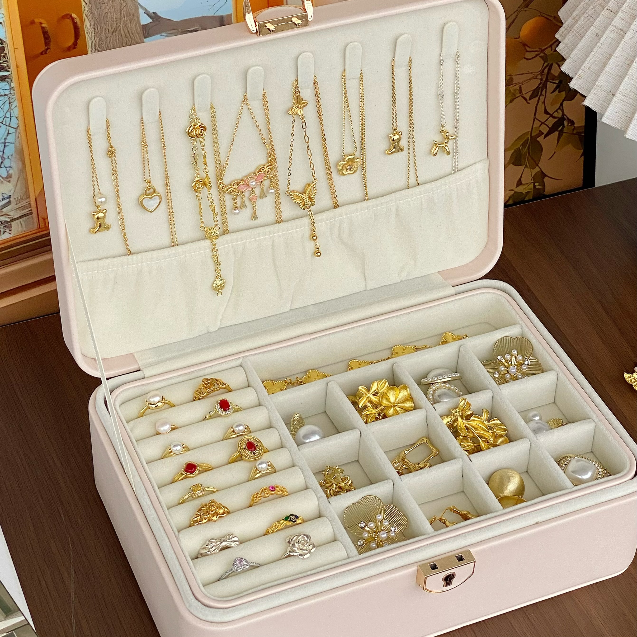 首饰盒/箱 高档首饰盒精致带锁双层首饰收纳盒饰品盒珠宝黄金收纳