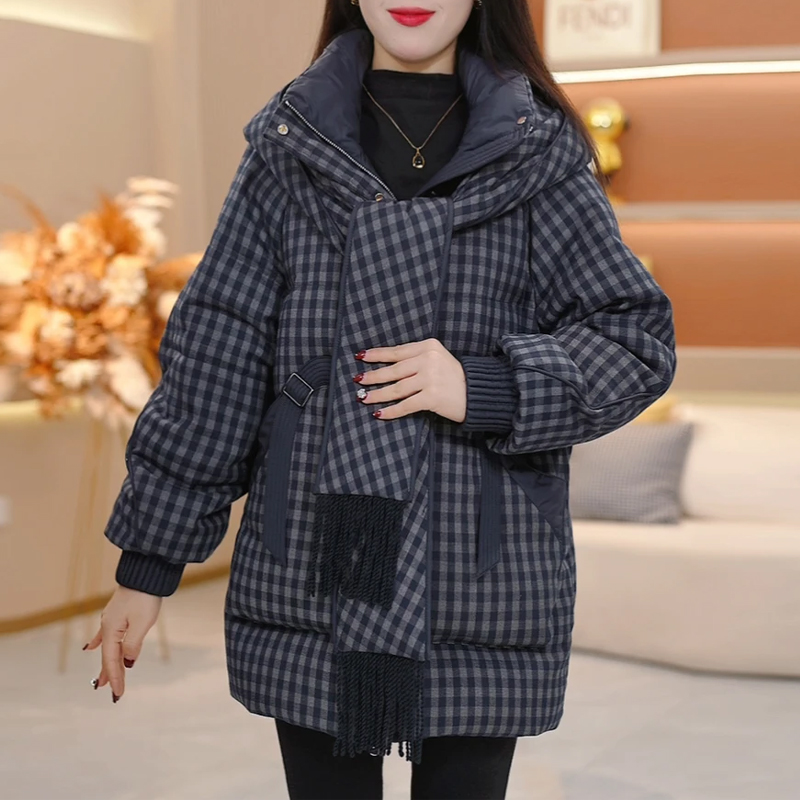 格子加厚外套女围巾领显瘦百搭女士新款宽松保暖棉服2025冬季棉袄