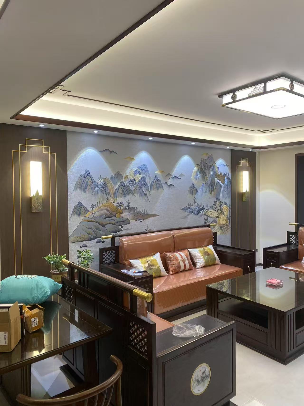 湘绣/xiangxiu定制独绣新中式名山胜川山水刺绣沙发电视背景墙布