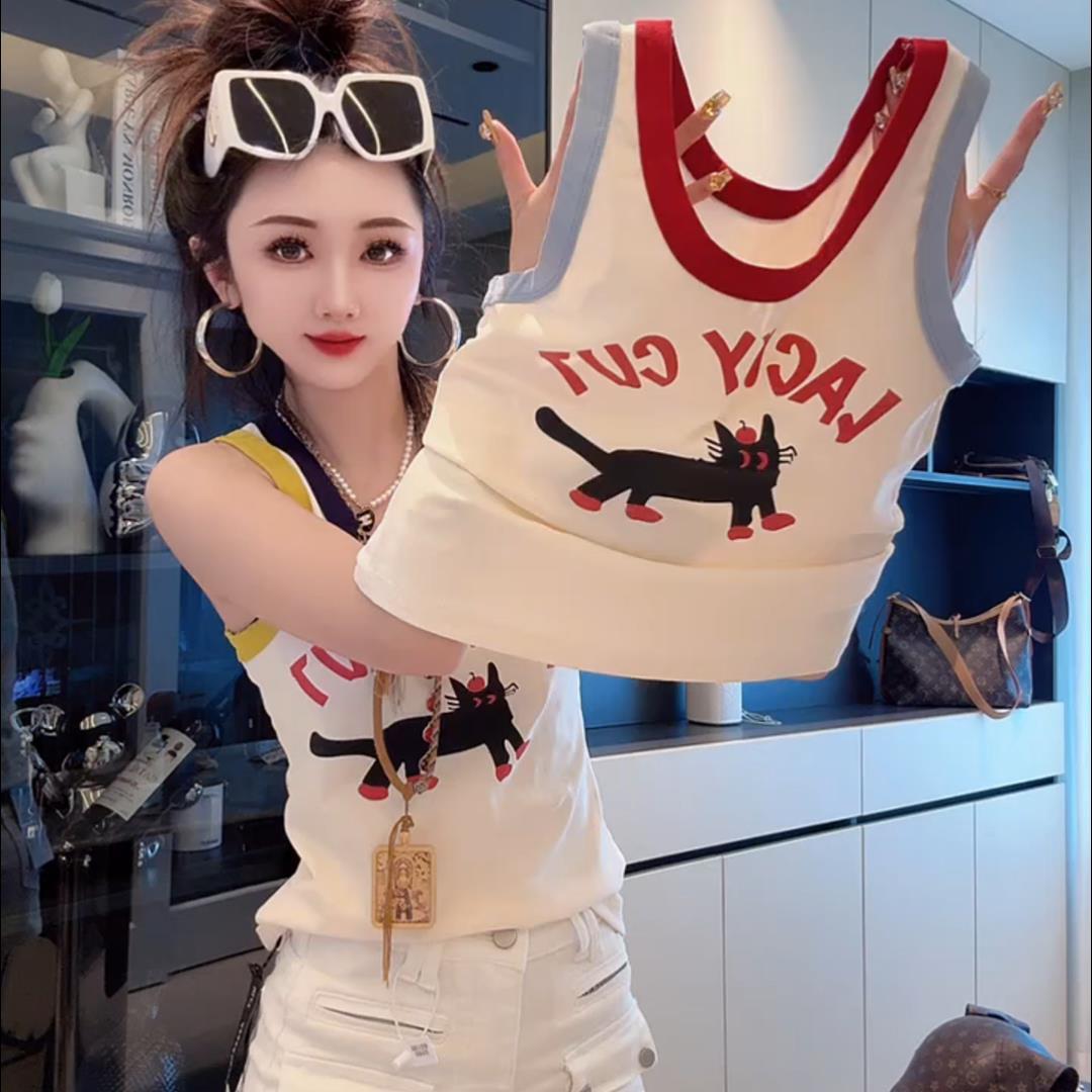 2025夏季新款女士卡通猫咪印花设计感吊带背心欧货洋气无袖上衣服