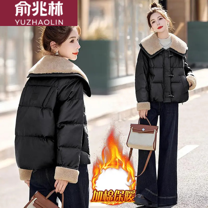 时尚拼接大翻领棉服加厚女2025年冬季款宽松休闲韩版百搭短款外套