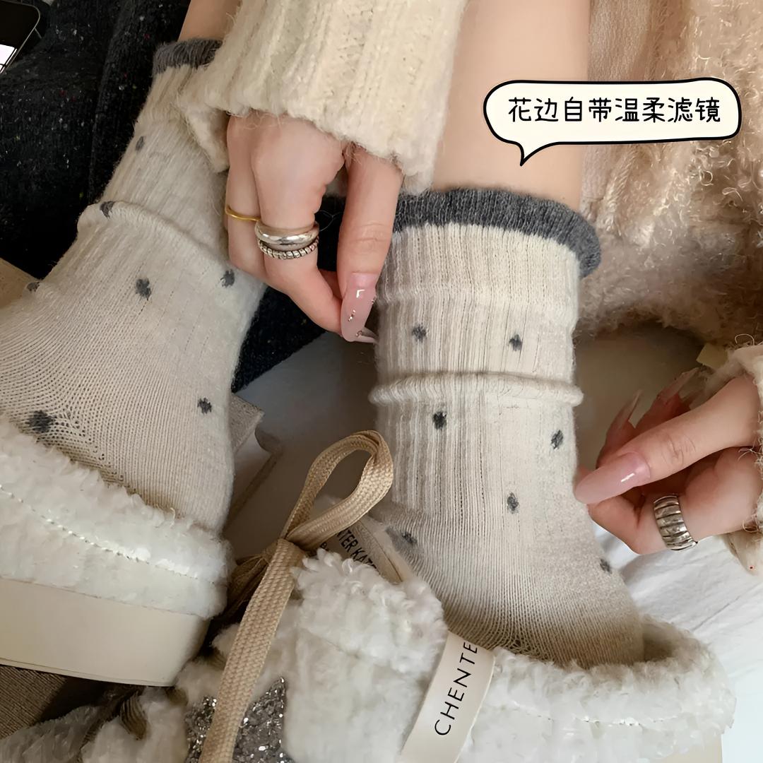 【五双】袜子女中筒秋冬季波点温柔花边百搭复古多巴胺宽口袜外穿袜