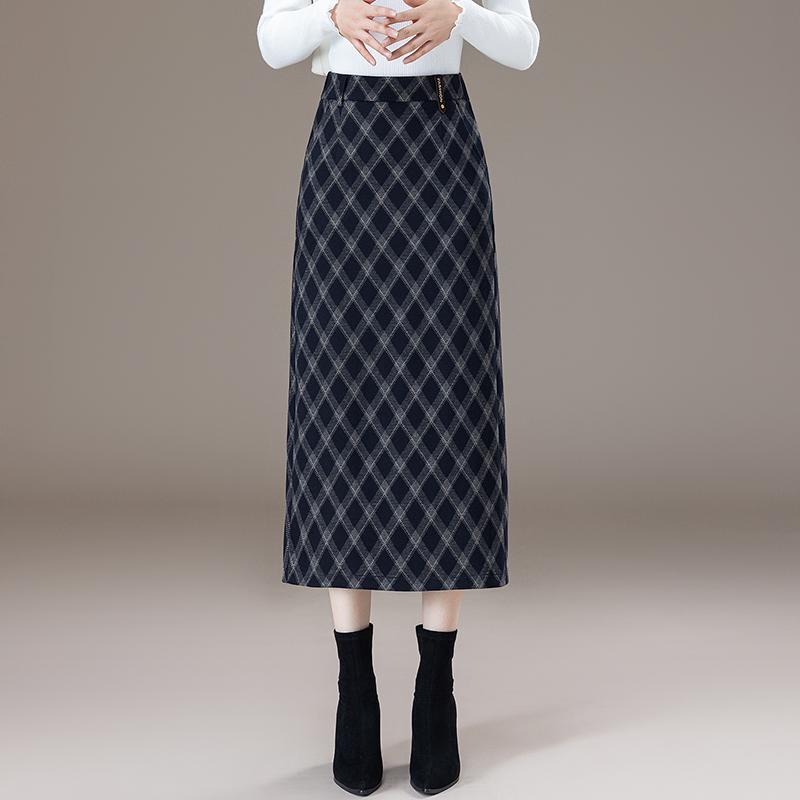 时尚潮流格纹毛呢半身裙女2025秋冬新款松紧高腰显瘦百搭直筒长裙
