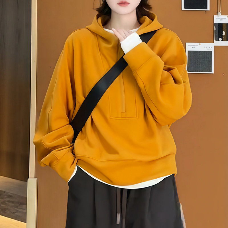 美式复古纯色半拉链连帽卫衣女秋季新款宽松慵懒风休闲百搭上衣潮