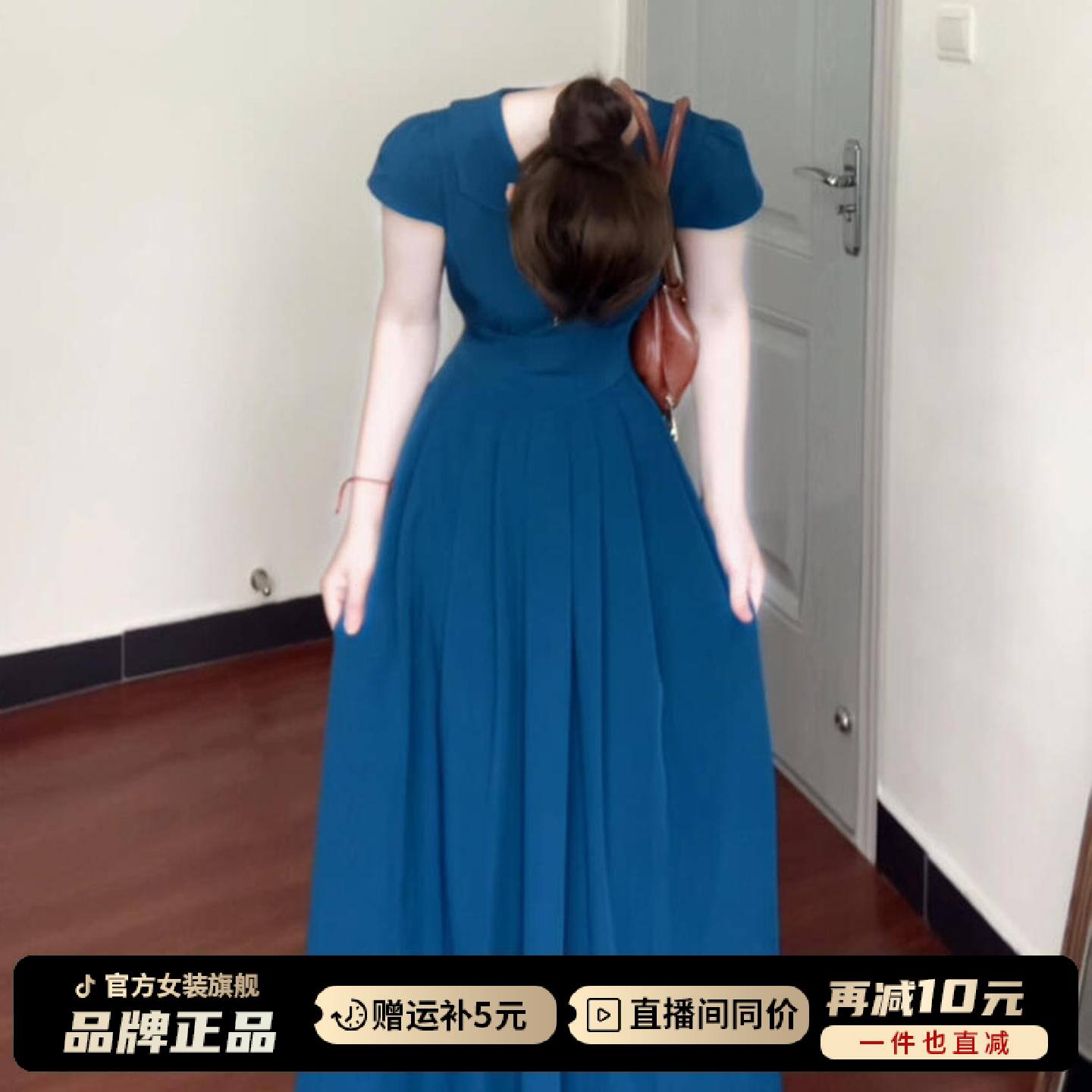 法式蓝色衬衫连衣裙子女夏季2026新爆款小个子巨好看微胖掐腰长裙