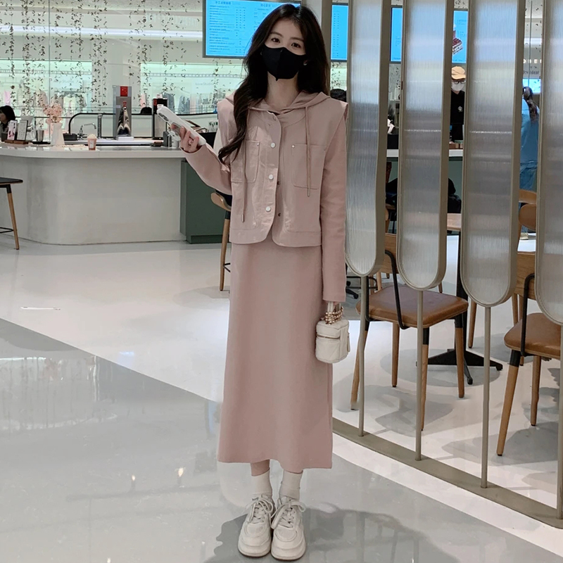 时尚休闲连衣裙女2025春秋新款洋气显瘦减龄马甲连帽卫衣裙两件套